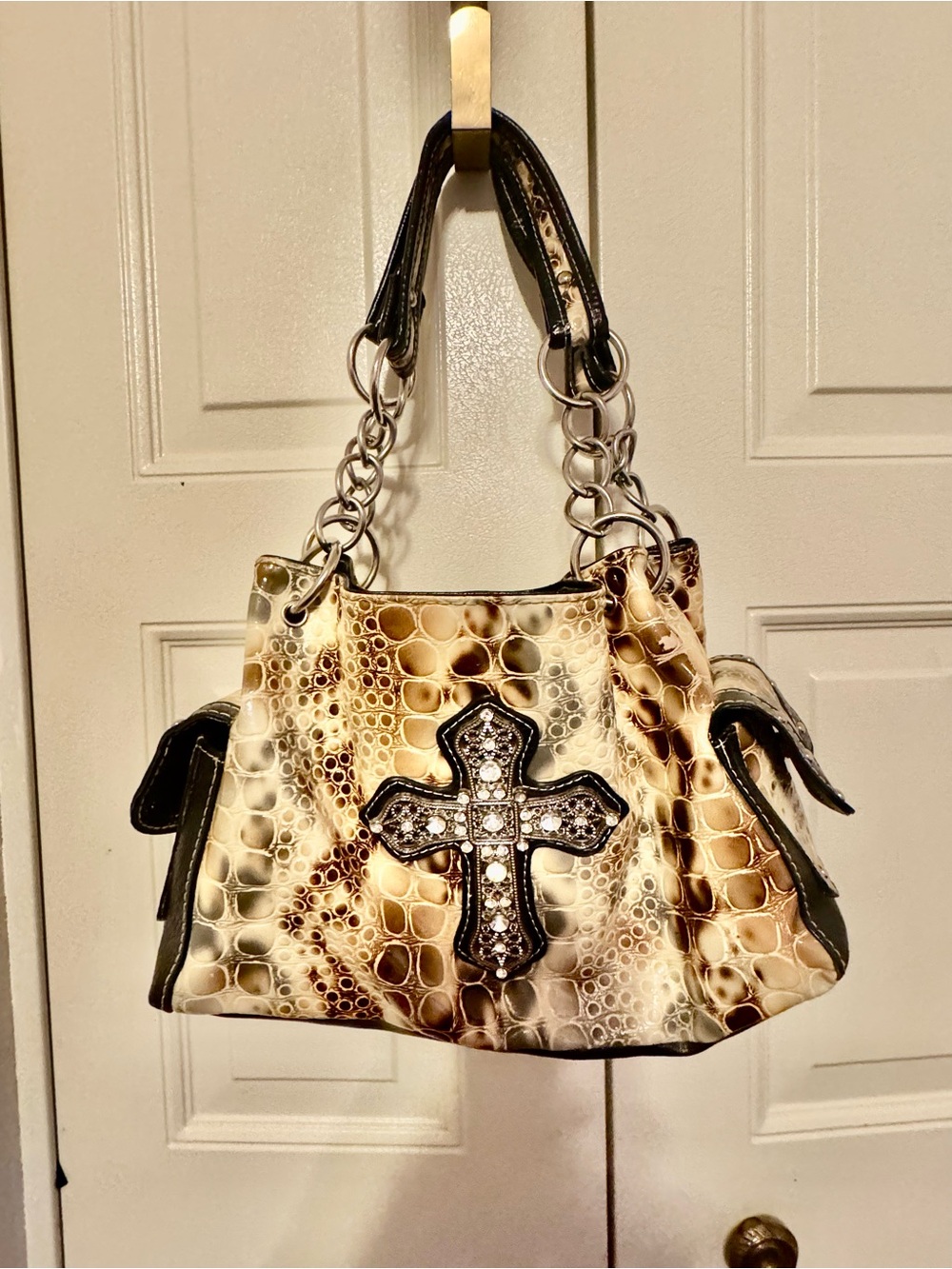 Embellished Croc-Print Shoulder Bag in Beige and Black